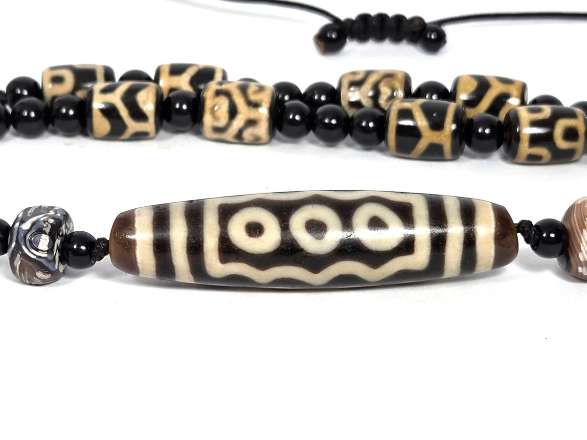J-090626-7EN ancient seven eye dzi necklace Ac-071026-7E focal bead three-eye face dark brown agate unretouched