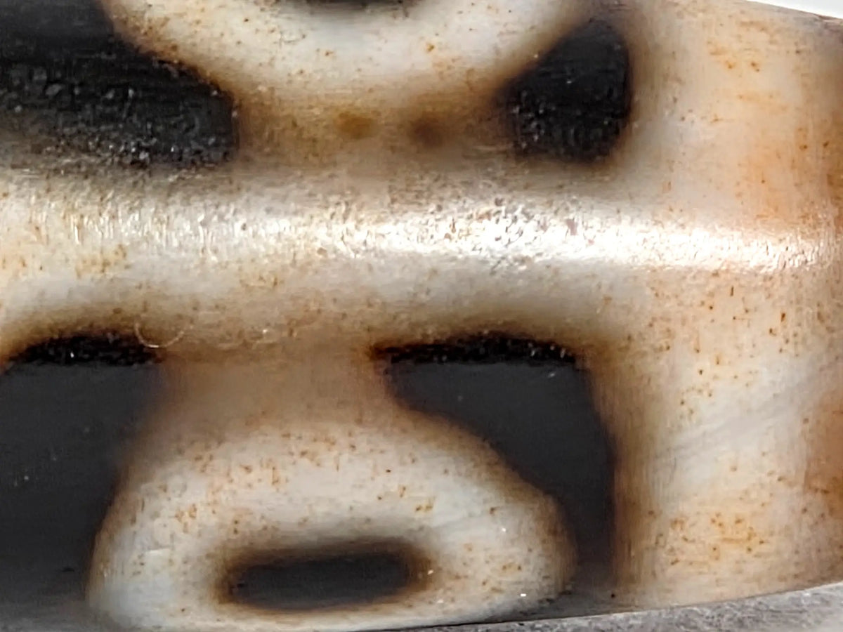 Macro surface detail of ancient nine-eye dzi bead showing bloodspot reddish-brown iron-oxide mineral deposits pooling in the cream-white patterning against the black agate ground