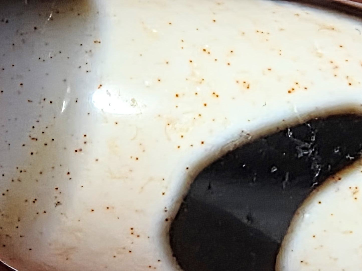 Extreme macro detail of natural cinnabar bloodspot inclusions across ivory agate body of ancient Tibetan Double Wave Dzi bead — 硃砂 zhūshā — unretouched photo — Ancient Dzi Shop