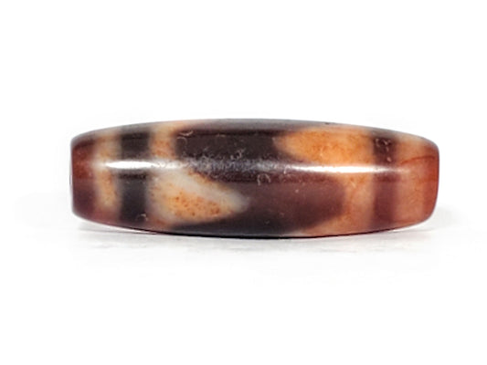 Ancient Tasso Dzi bead, 34.8mm — warm mahogany and orange agate, cream Tasso chevron pattern, 500–800 yrs