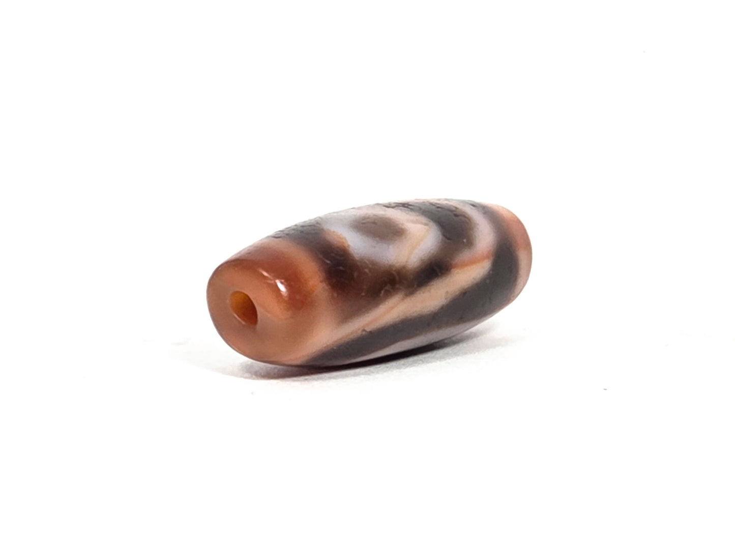 Ac-090326-2E ancient two eye dzi reddish-brown agate angled opposite drill end warm orange-red cap, unretouched