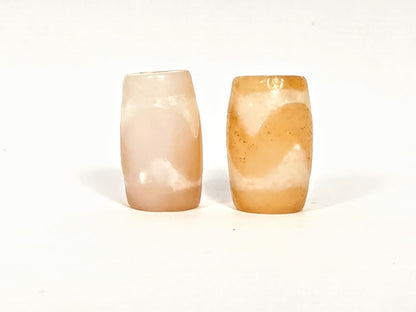 At-073026-WPair antique wave dzi pair drill end view pale bead cream-white honey bead banded unretouched