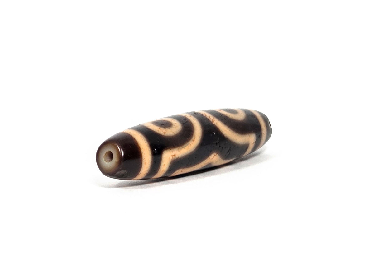 At-090326-3E4 antique three eye dzi warm reddish-brown agate angled drill end warm brown cap, unretouched
