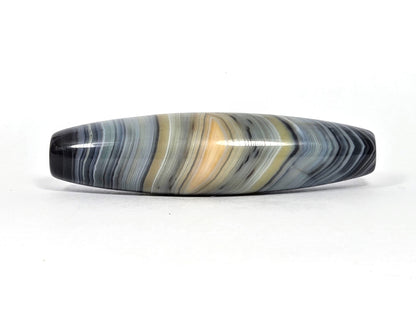 Naturally-formed one eye dzi bead, blue-grey and gold banded agate with striped patterns and polished surface