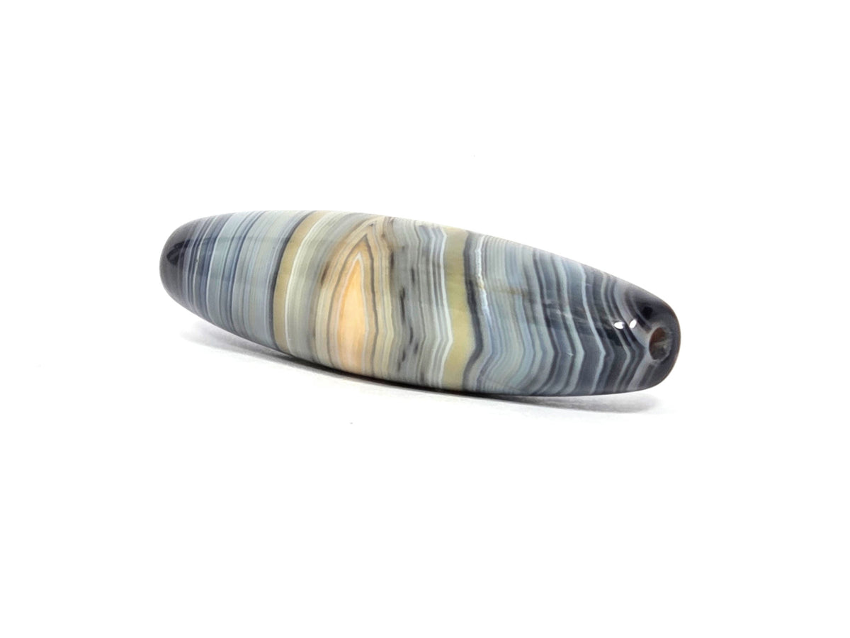 Naturally-formed one-eye dzi bead, blue-grey and gold banded agate with striped pattern and drill hole