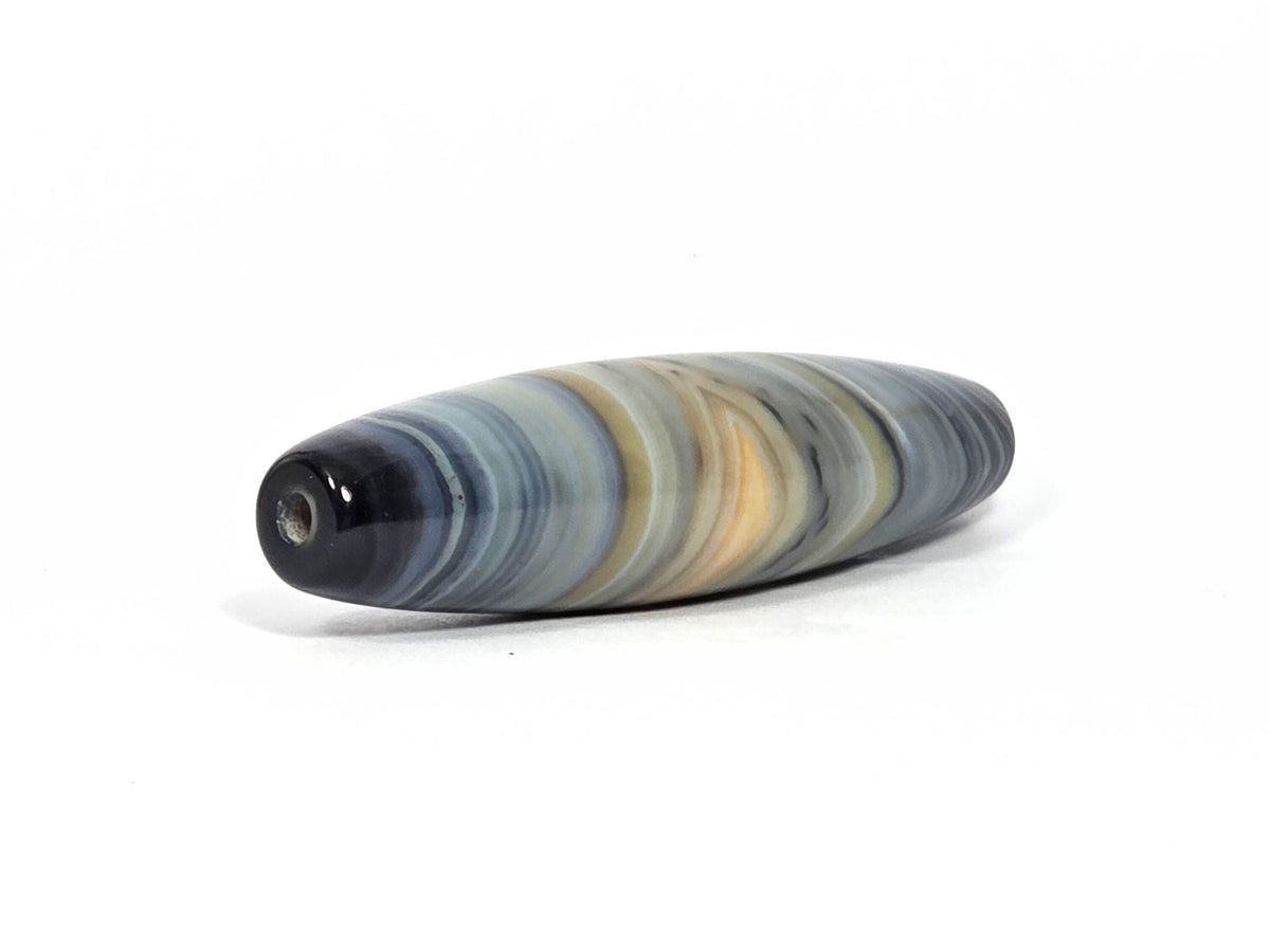 Blue-grey and gold banded agate one-eye dzi bead with natural striping and drill hole, 59.3mm