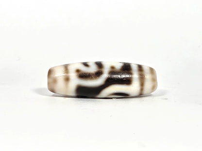 Fourth lateral profile of antique twin lotus treasure vase dzi bead showing complete motif composition on cream-white ground, horizontal band lines at equator, and dark brown-black marking pattern