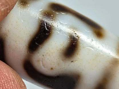 Macro close-up of antique Tibetan dzi bead AT-B-101226-TLV showing bloodspot patina — scattered rust-brown micro-speckling across cream-white agate zones — and dark motif line detail, 200–300 years old