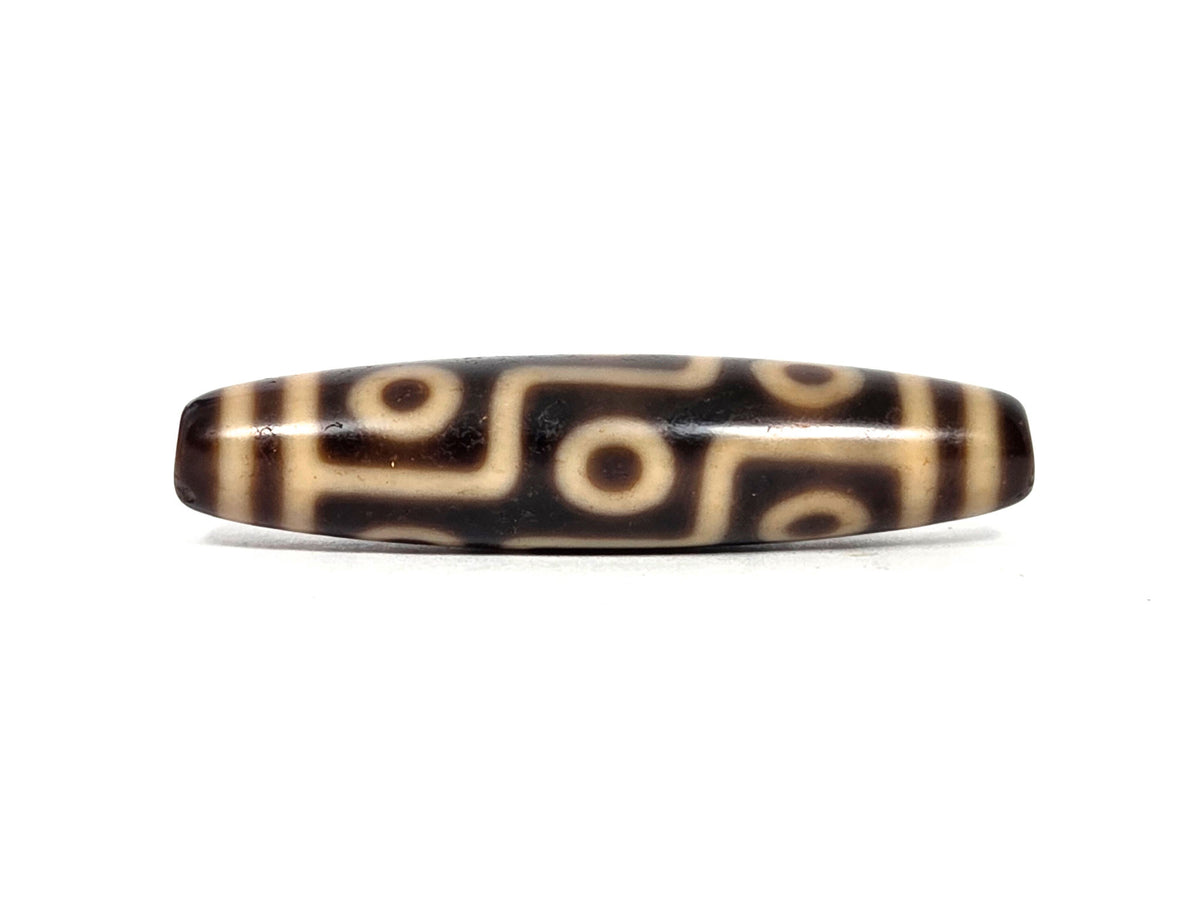 At-091626-9E antique Tibetan nine eye dzi 54.6x12.5mm dark brown agate face A stacked eyes S-curve connectors unretouched