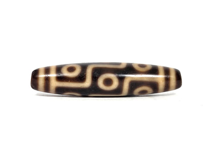 At-091626-9E antique Tibetan nine eye dzi 54.6x12.5mm dark brown agate face A stacked eyes S-curve connectors unretouched
