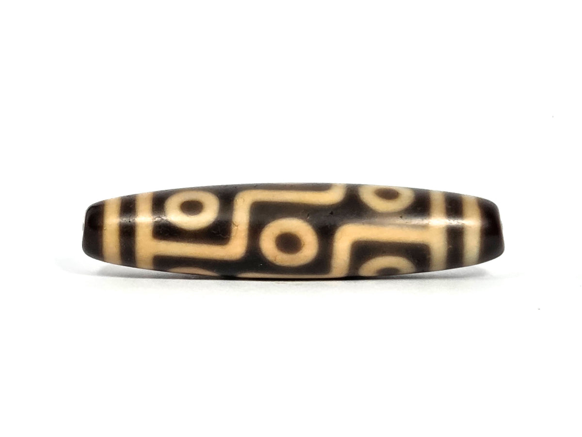 At-090326-9E2 antique nine eye dzi 54.9×12.6mm dark brown cream agate face A broad cream grid, unretouched