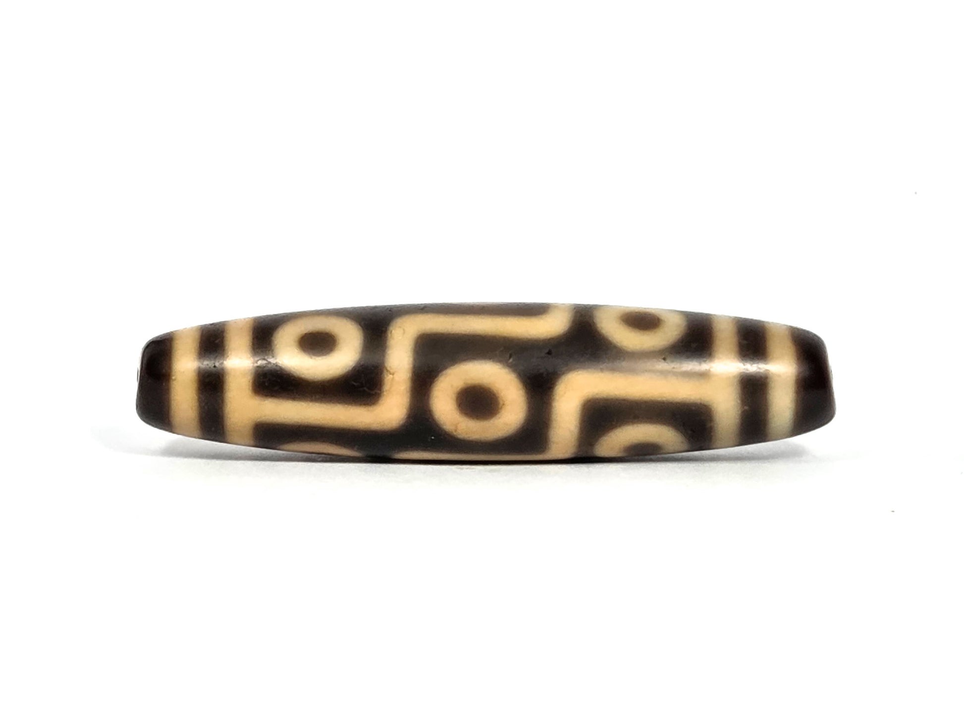 At-090326-9E2 antique nine eye dzi 54.9×12.6mm dark brown cream agate face A broad cream grid, unretouched