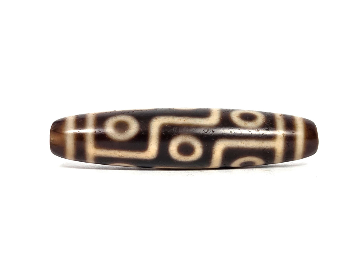 At-091626-9E2 antique nine eye dzi 54.2x12.4mm dark brown agate face A stacked eyes S-curve connectors unretouched