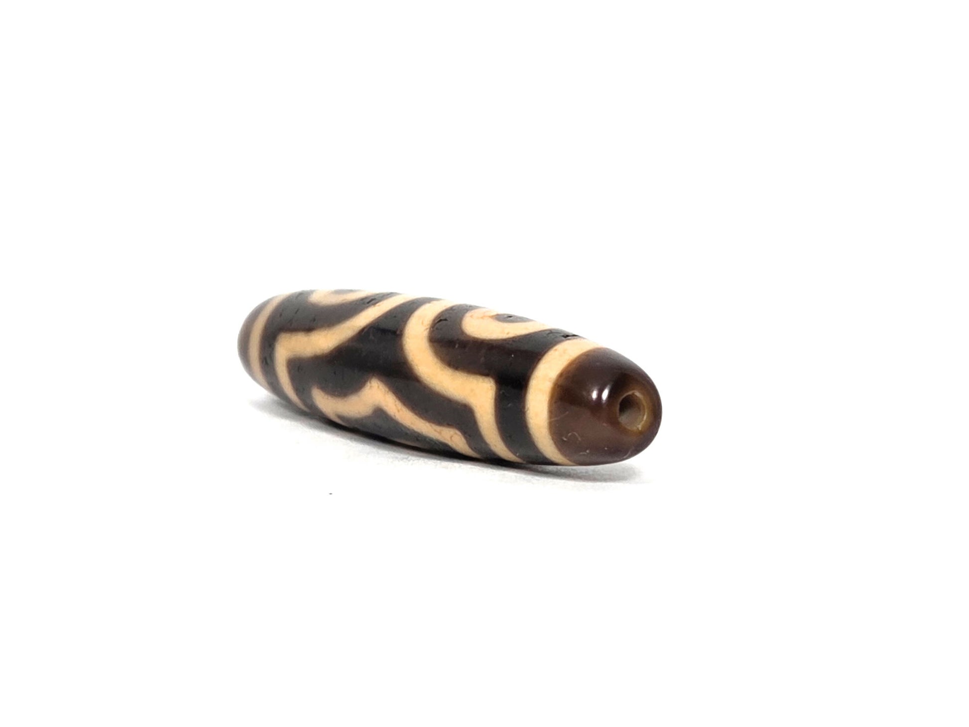At-090226-3E3 antique three eye dzi dark brown black agate angled drill end warm brown cap, unretouched