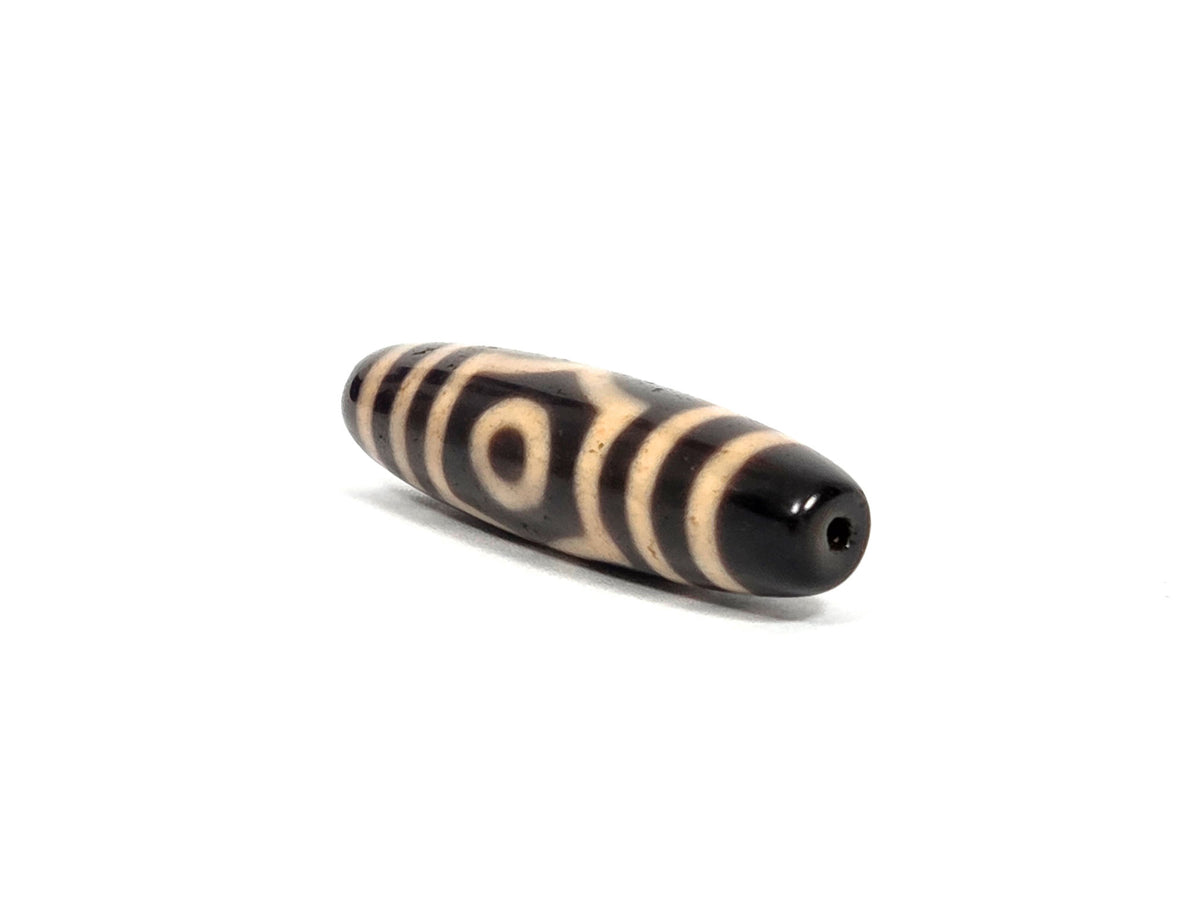 Three eye dzi bead black agate with tan striped pattern and drilled hole