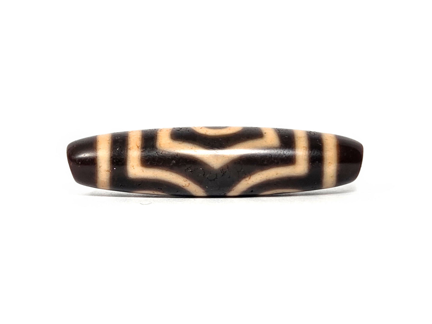 At-090326-3E4 antique three eye dzi warm reddish-brown agate 90-degree turn stacked cream arc lines, unretouched