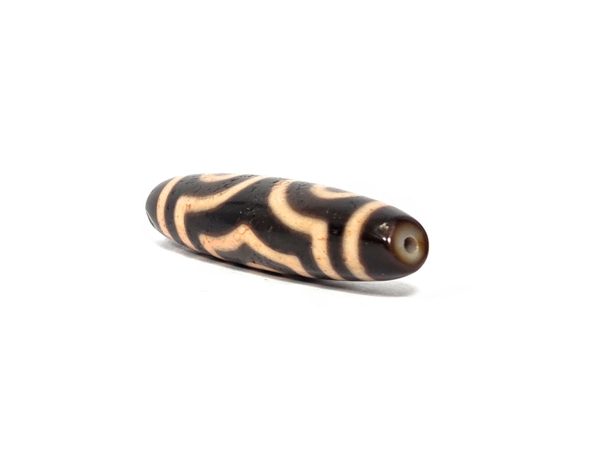 At-090326-3E4 antique three eye dzi warm reddish-brown agate angled drill end warm brown cap, unretouched