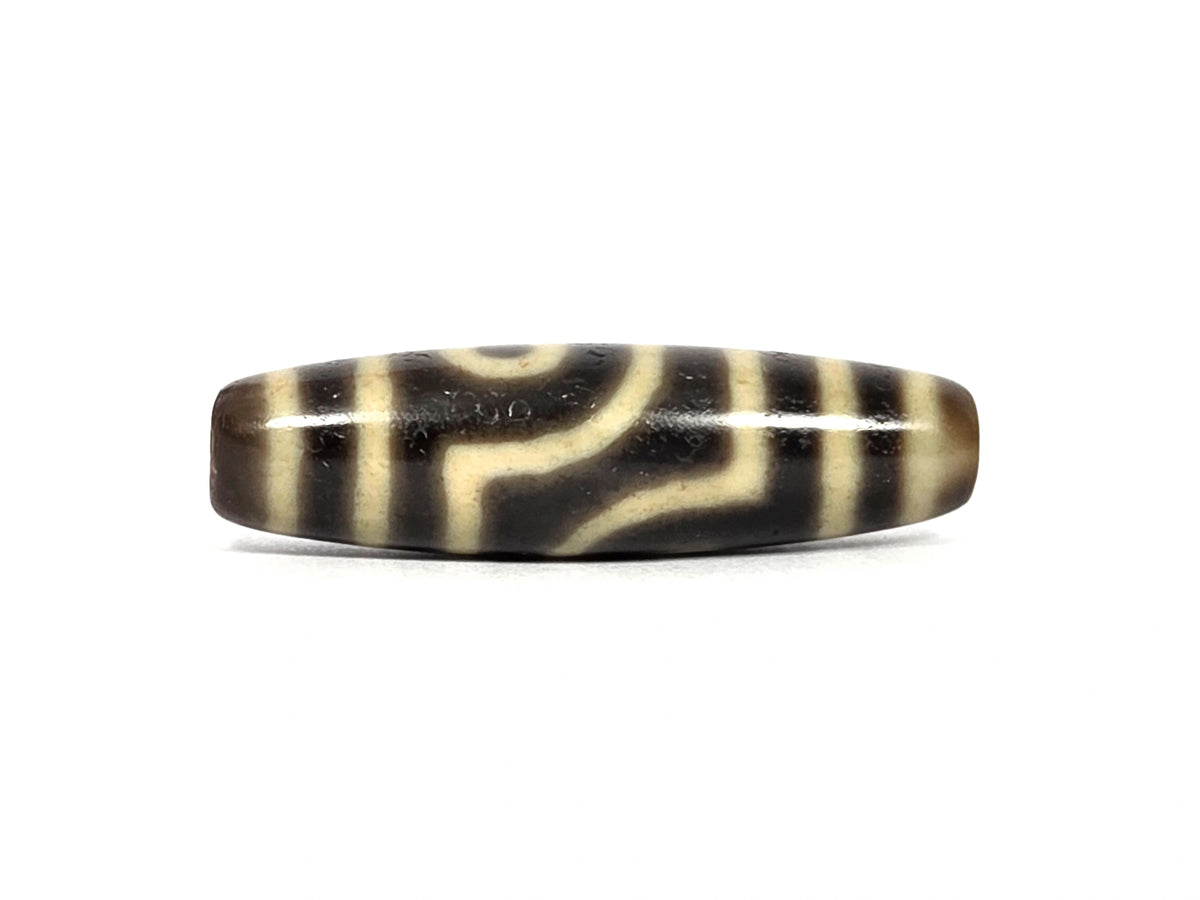 Side view of antique Tibetan two eye dzi bead AT-102126-2E showing the stepped S-curve cream line that joins the two eye frames across the barrel, dark brown agate ground with fine surface weathering marks