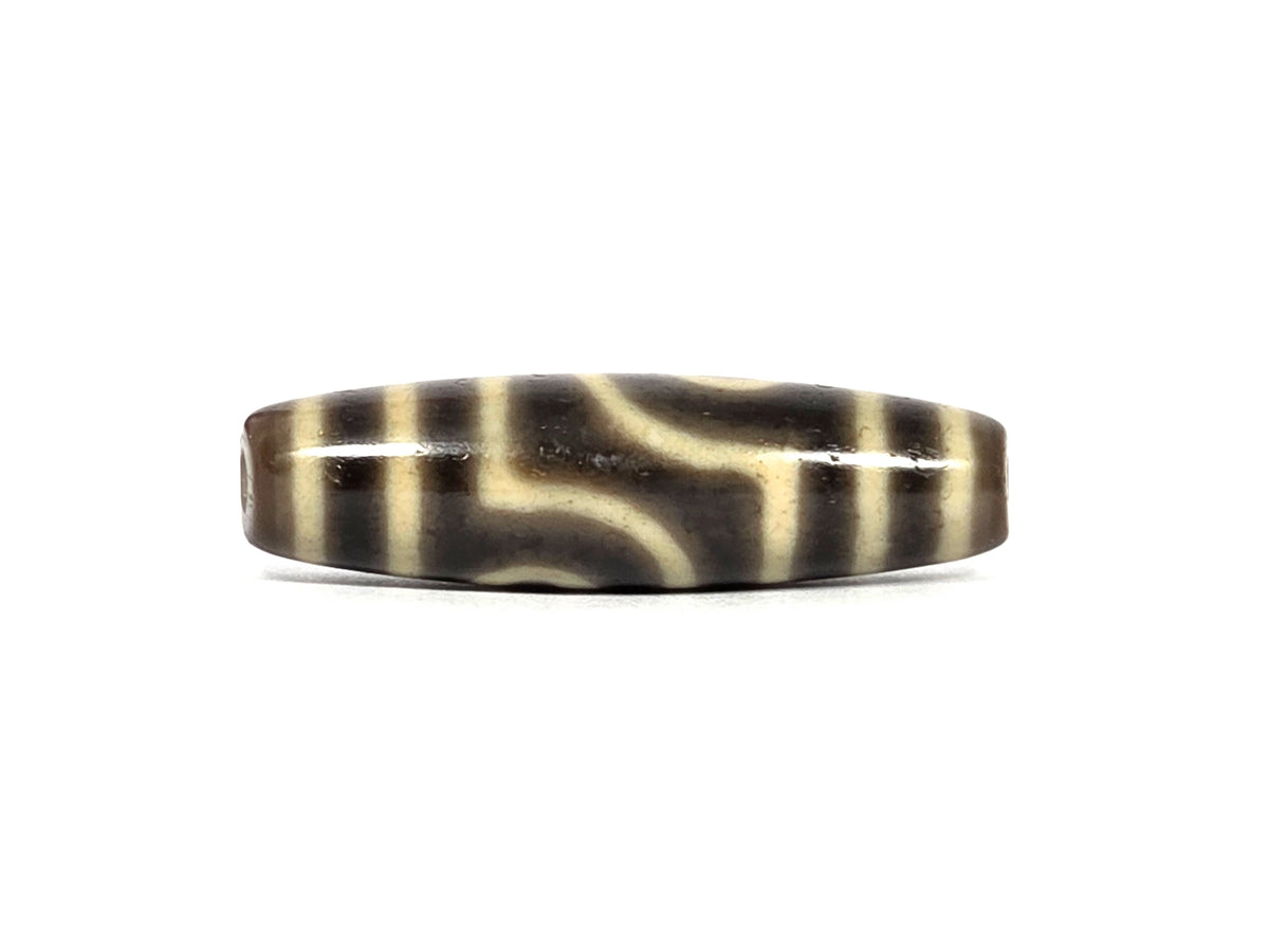 Opposite side view of antique Tibetan two eye dzi bead AT-102126-2E showing the mirror-image stepped S-curve divider between the two eye frames, dark brown agate ground, cream end bands