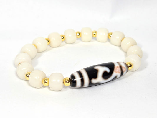 Green Tara Dzi bead bracelet, black white agate oval focal bead, white Bodhi root beads, gold spacers, cinnabar bloodspot visible