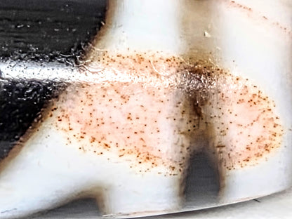 Extreme macro of antique Green Tara Dzi bead showing dense natural cinnabar bloodspot specks and warm rose-amber agate inclusions — 硃砂 zhūshā — unretouched photo — Ancient Dzi Shop