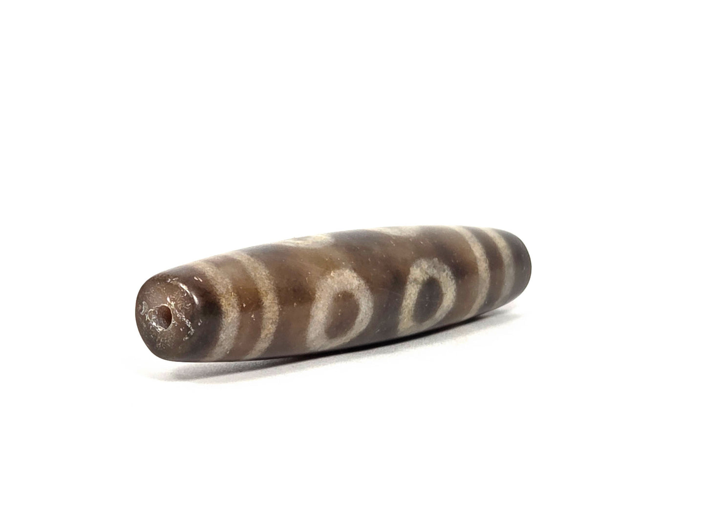 N-090326-6E new six eye dzi 58.6×13.6mm brown-grey agate angled opposite drill end clean cap, unretouched