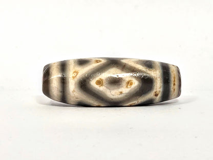 Ancient Tibetan Three Diamond Eye and Tiger Tooth Dzi bead, 36.3mm — warm tan agate with bold dark etching, 2,000+ years old — Anc-0426-3DE