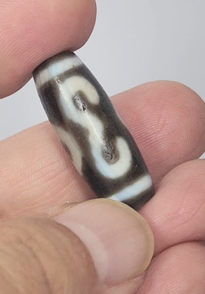 Antique Double Bat & Two Eye Motif Tibetan Dzi Bead (060725) with Bloodspots