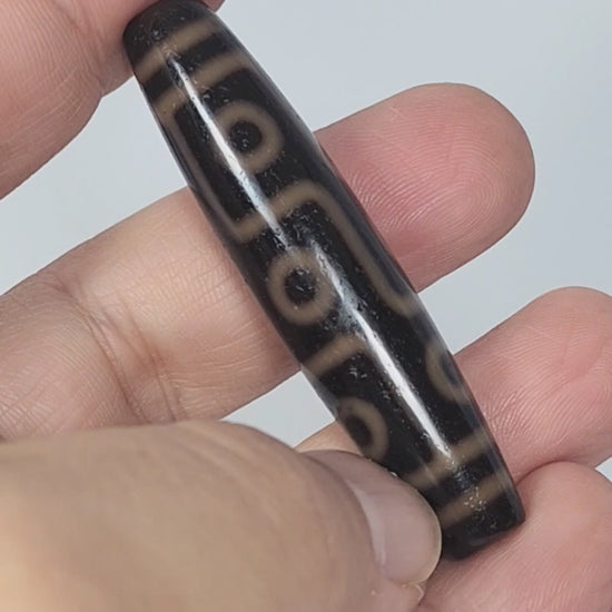 Video of antique Tibetan nine eye dzi At-012325-9E4 rotating 360°, amber-orange rings on deep dark brown agate, full 59.0mm × 13.2mm torpedo, King of motifs, unretouched footage