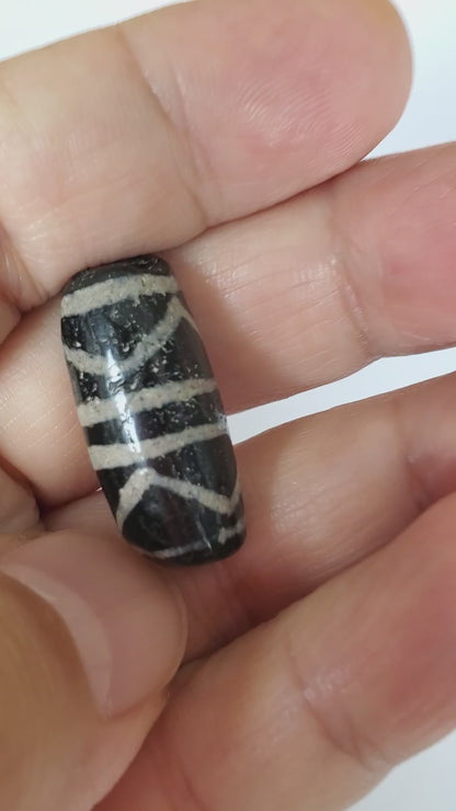 Ancient Double Tiger Tooth Motif Dzi Bead With Calcification