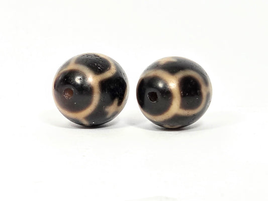 Vintage round treasure vase dzi bead pair, dark agate with natural patterning, 20.5mm, drill holes visible